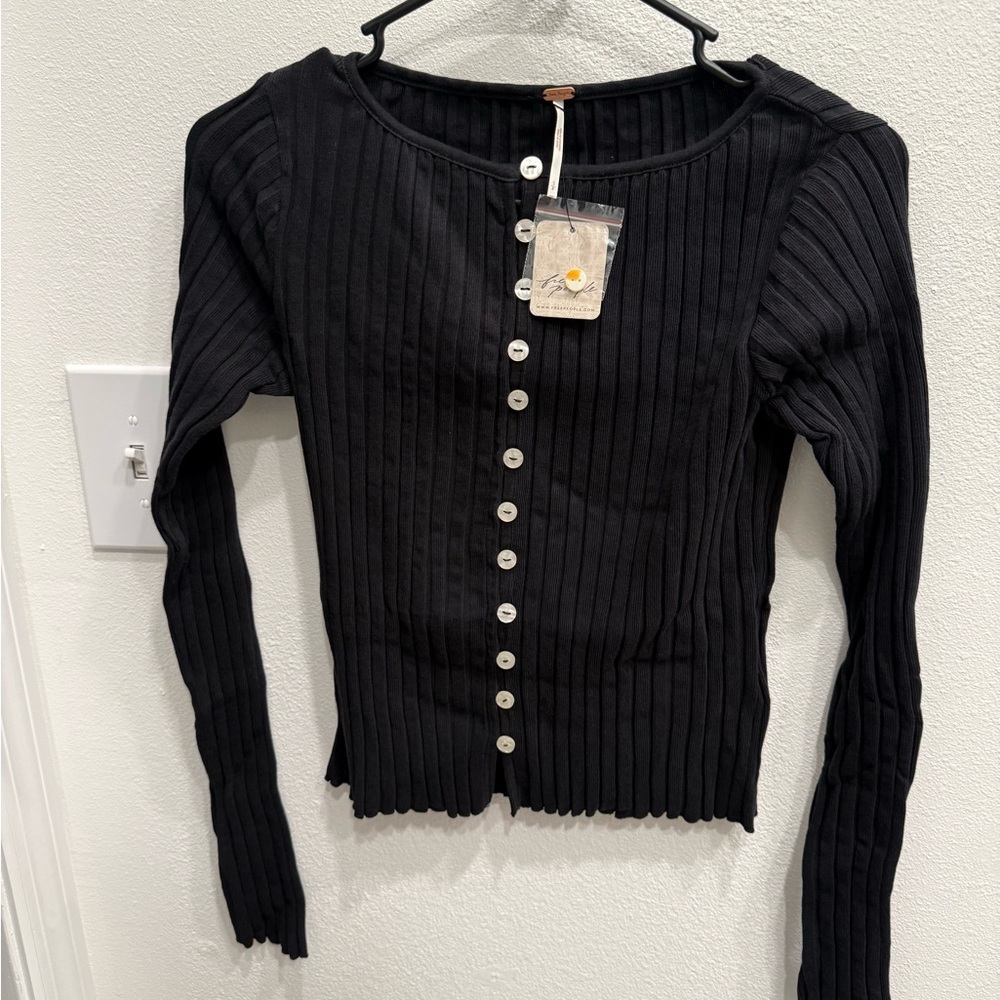 Free People Black Ribbed Button-Down Shirt